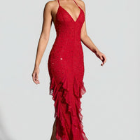 « Anley » — Robe Longue Dos Nu Ornée à Volants, Rouge