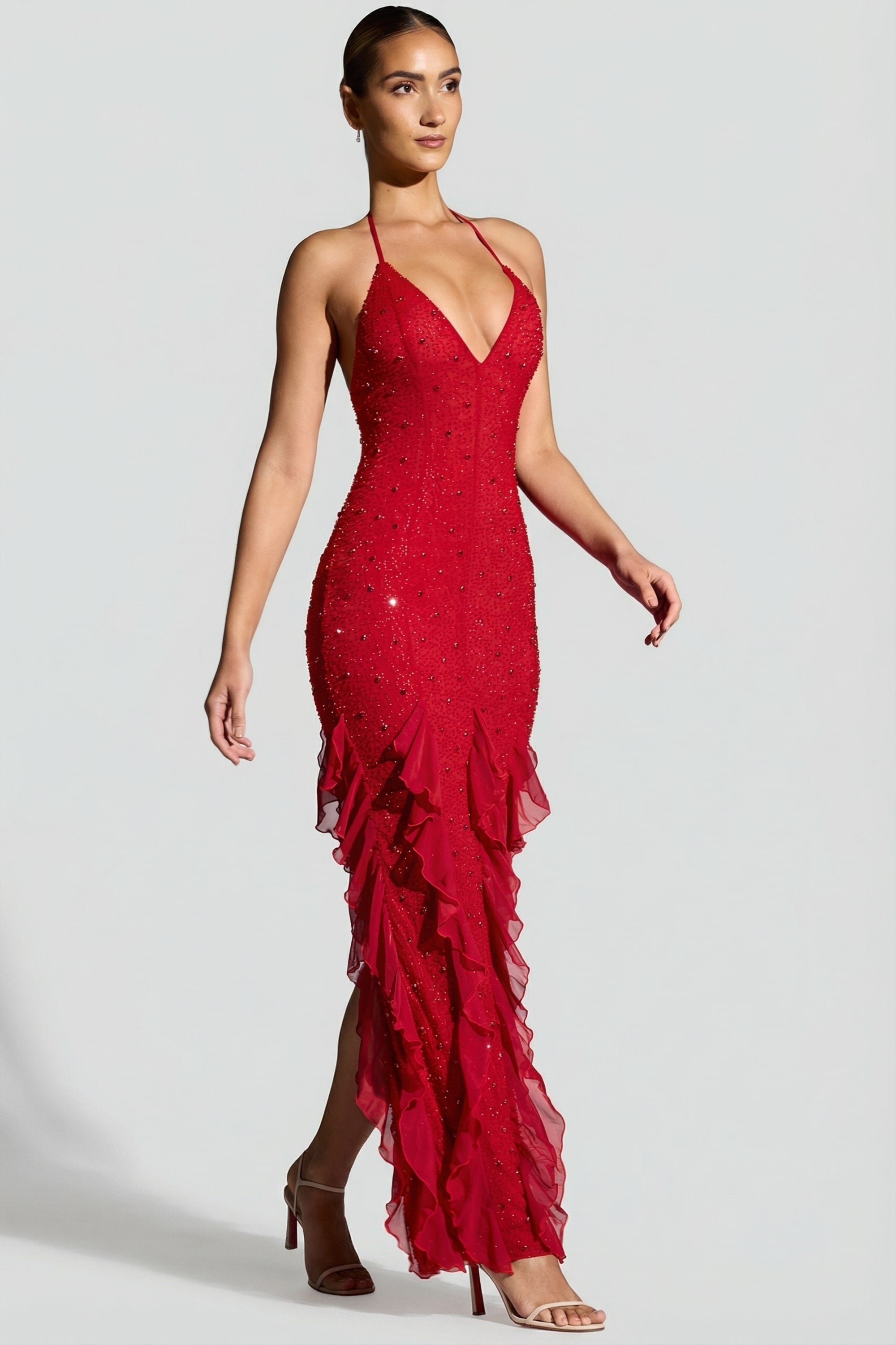 « Anley » — Robe Longue Dos Nu Ornée à Volants, Rouge