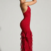 « Anley » — Robe Longue Dos Nu Ornée à Volants, Rouge