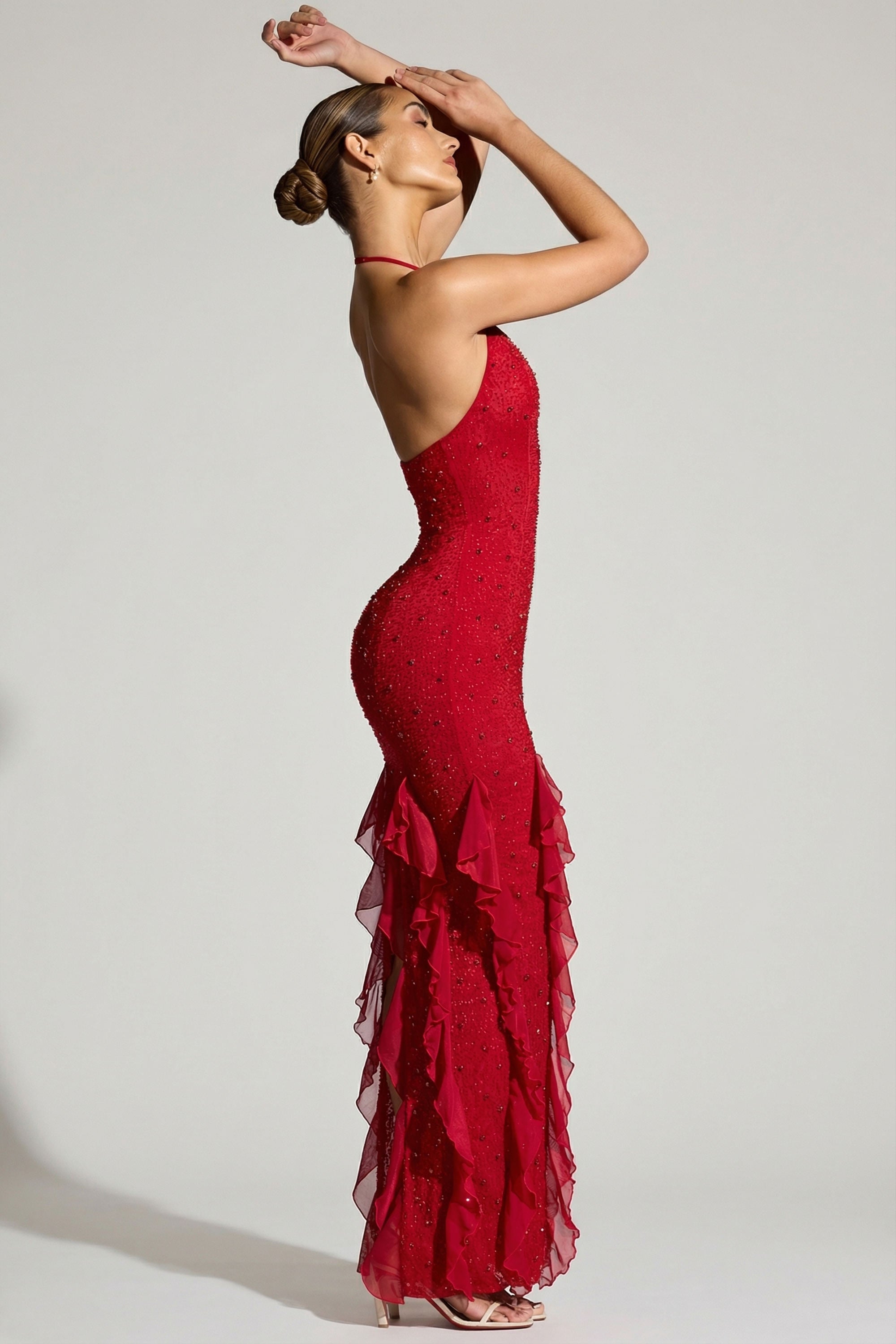 « Anley » — Robe Longue Dos Nu Ornée à Volants, Rouge