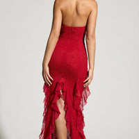 « Anley » — Robe Longue Dos Nu Ornée à Volants, Rouge