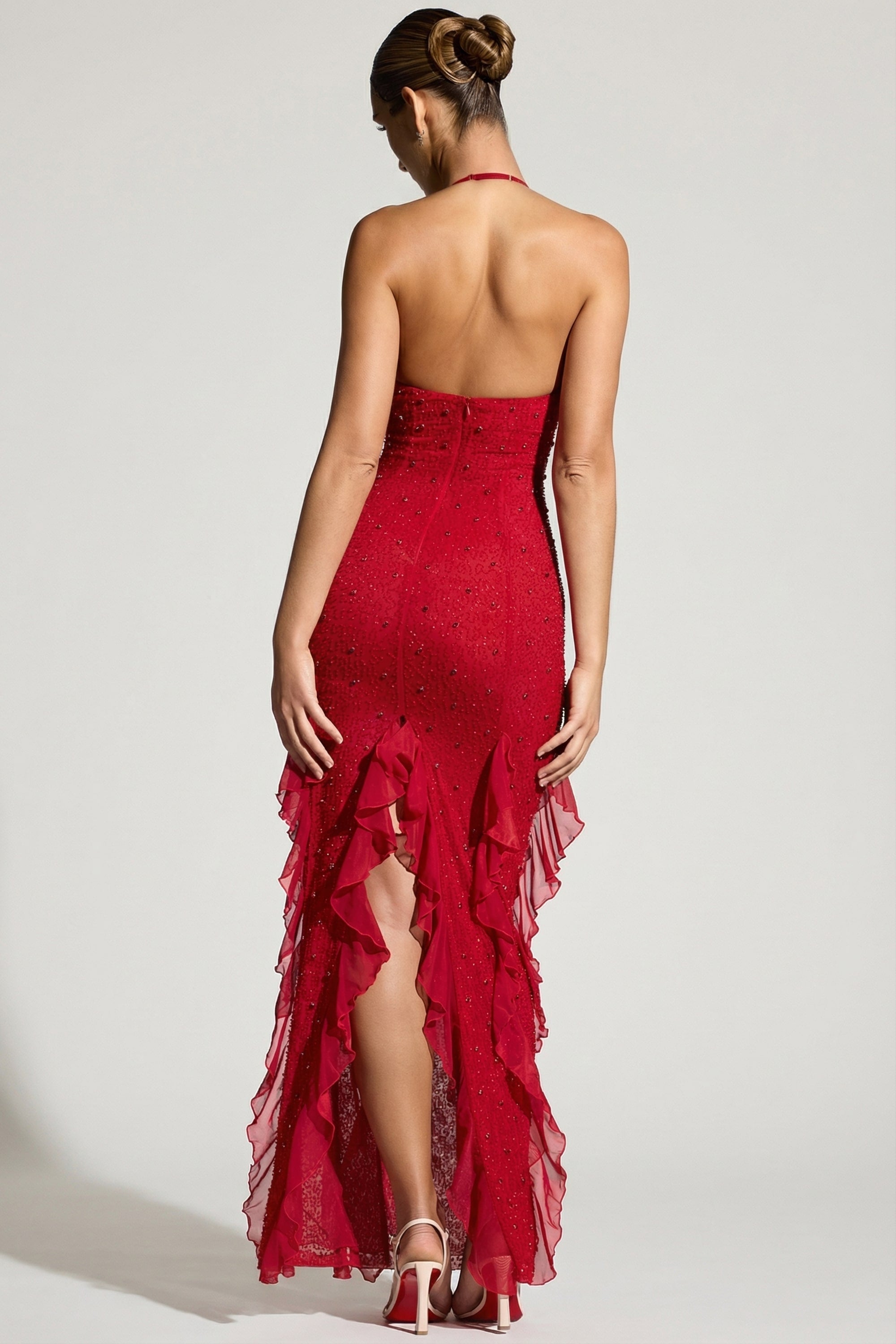 « Anley » — Robe Longue Dos Nu Ornée à Volants, Rouge