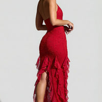 « Anley » — Robe Longue Dos Nu Ornée à Volants, Rouge
