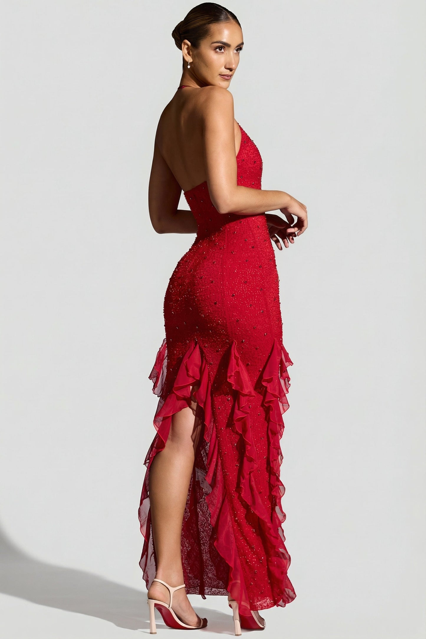 « Anley » — Robe Longue Dos Nu Ornée à Volants, Rouge