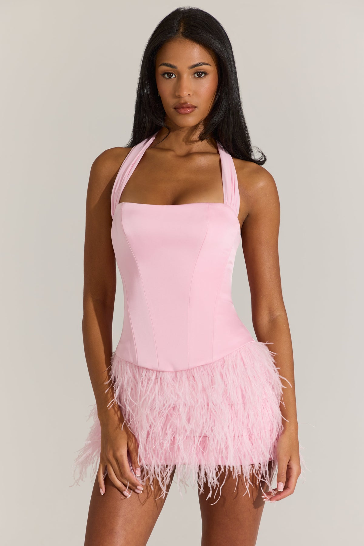 « Plume Rosée » — Ensemble Robe Courte Corset, Rose Poudré