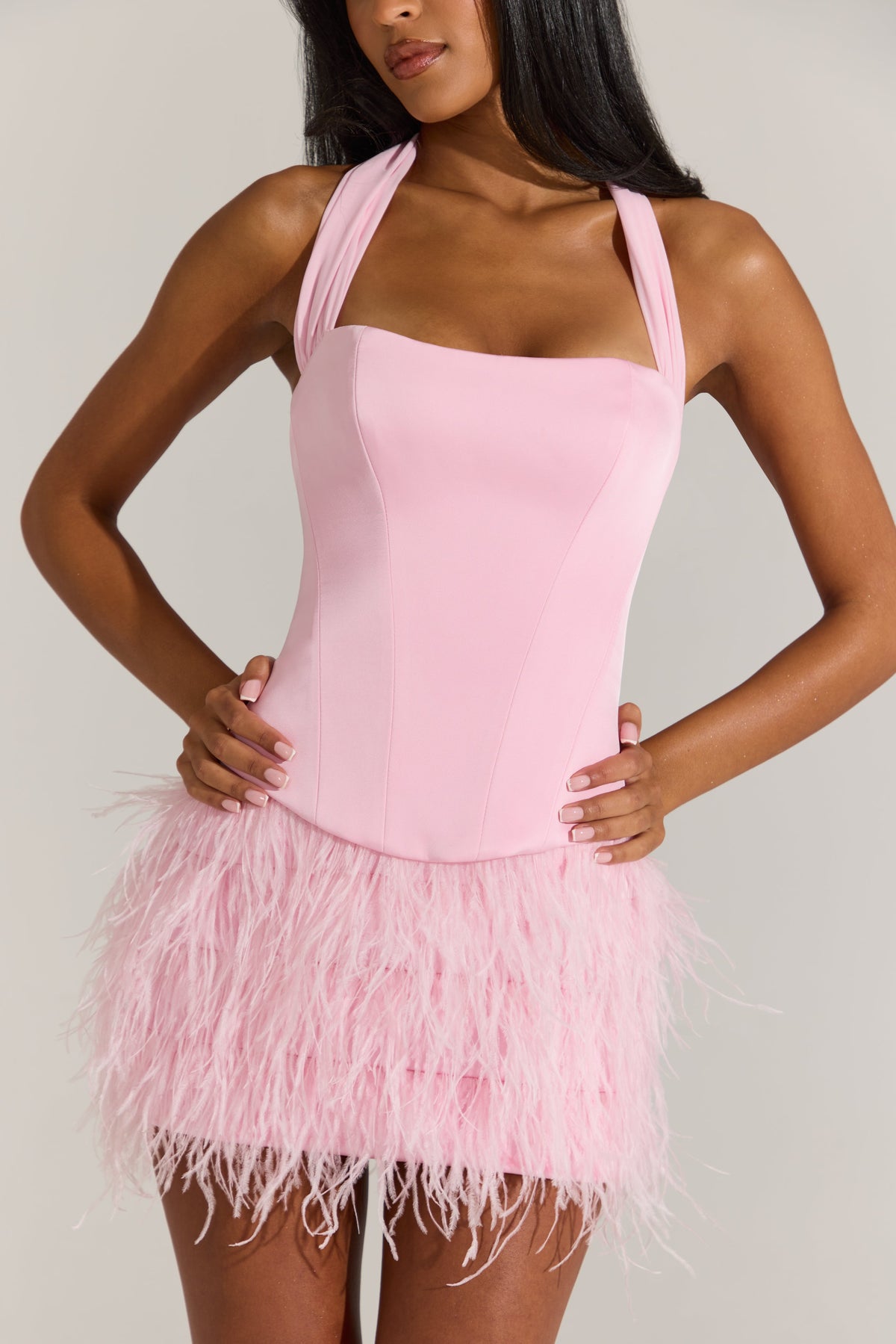 « Plume Rosée » — Ensemble Robe Courte Corset, Rose Poudré
