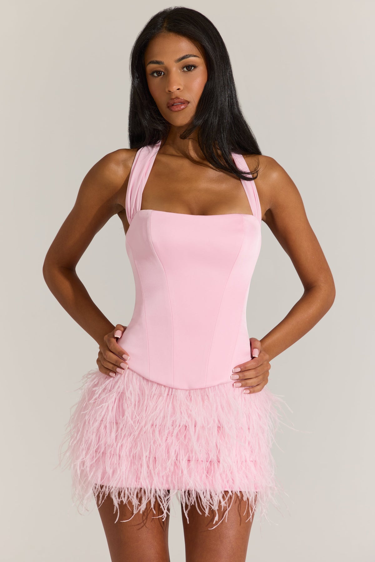 « Plume Rosée » — Ensemble Robe Courte Corset, Rose Poudré