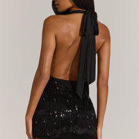 « Nuit en Fête » — Robe Courte Dos-Nu à Franges, Noir