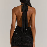 « Nuit en Fête » — Robe Courte Dos-Nu à Franges, Noir