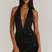 « Nuit en Fête » — Robe Courte Dos-Nu à Franges, Noir