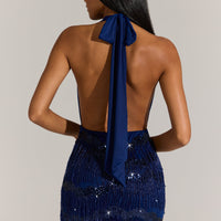 « Azur en Fête » — Robe Courte Dos-Nu à Franges, Bleu Cobalt