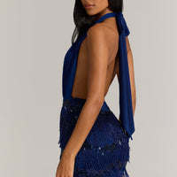 « Azur en Fête » — Robe Courte Dos-Nu à Franges, Bleu Cobalt