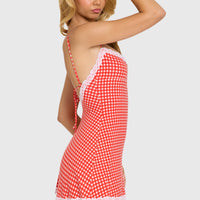 Robe courte rouge vichy à dos nu et dentelle