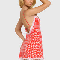Robe courte rouge vichy à dos nu et dentelle