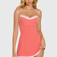 Robe courte rouge vichy à dos nu et dentelle