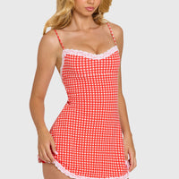 Robe courte rouge vichy à dos nu et dentelle