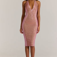 « Rose d’Opale » — Robe Midi Dos-Nu Ornée, Rose Poudré