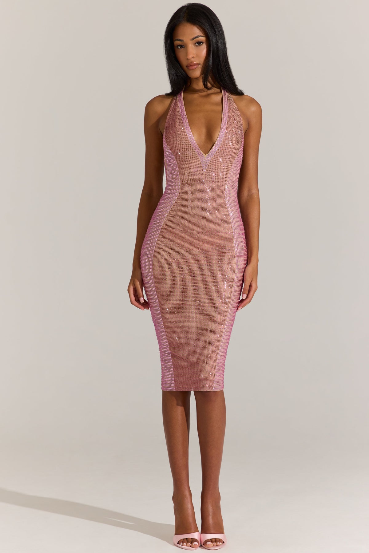 « Rose d’Opale » — Robe Midi Dos-Nu Ornée, Rose Poudré