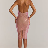 « Rose d’Opale » — Robe Midi Dos-Nu Ornée, Rose Poudré