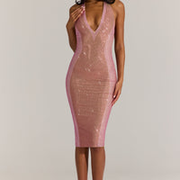 « Rose d’Opale » — Robe Midi Dos-Nu Ornée, Rose Poudré