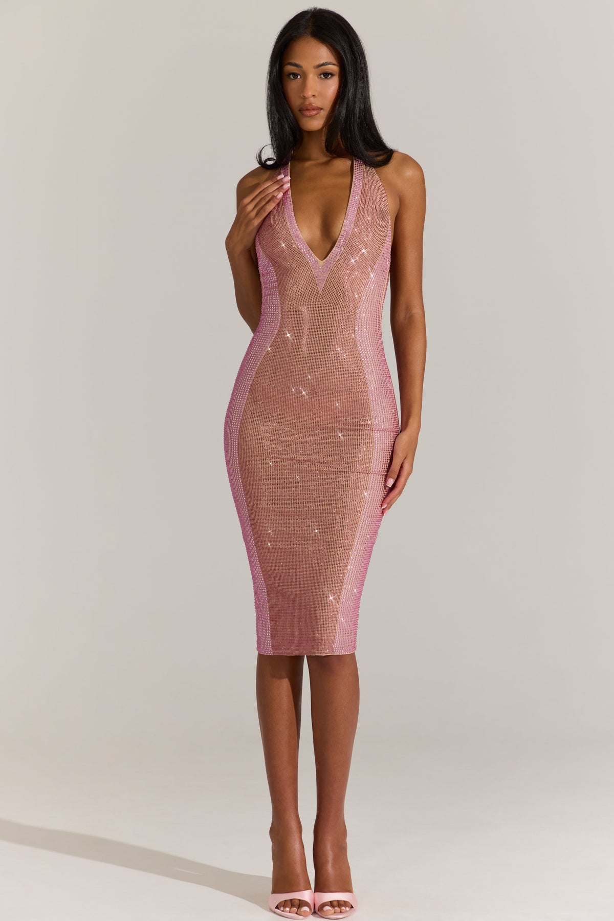 « Rose d’Opale » — Robe Midi Dos-Nu Ornée, Rose Poudré