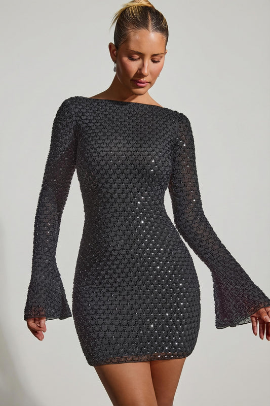 « Grazina » — Robe Mini Manches Évasées Dos Nu, Noir
