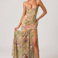 « Corolle » — Robe Longue Corset Fronces Fendue, Imprimé Floral