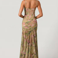 « Corolle » — Robe Longue Corset Fronces Fendue, Imprimé Floral