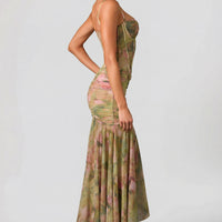 « Corolle » — Robe Longue Corset Fronces Fendue, Imprimé Floral