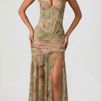 « Corolle » — Robe Longue Corset Fronces Fendue, Imprimé Floral