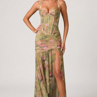 « Corolle » — Robe Longue Corset Fronces Fendue, Imprimé Floral