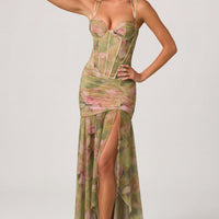 « Corolle » — Robe Longue Corset Fronces Fendue, Imprimé Floral