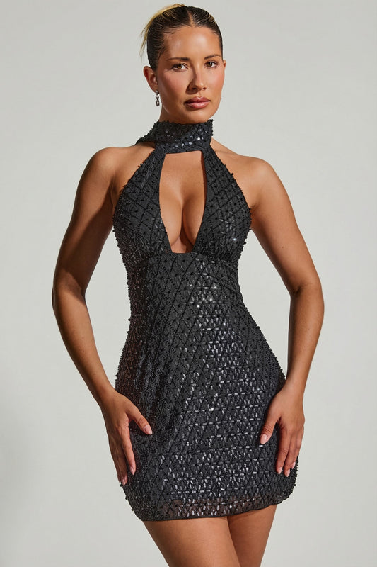 « Henrietta » — Robe Mini Dos Nu Ornée avec Écharpe, Noir