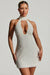 « Henrietta » — Robe Mini Dos Nu Ornée avec Écharpe, Blanc