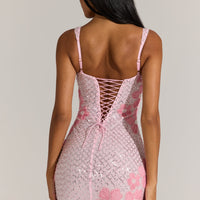 « Floraison » — Robe Courte Col Carré Brodée, Rose Poudré