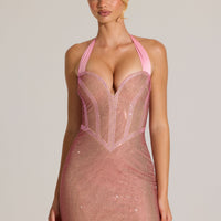 « Pétale Lumineux » — Robe Courte Dos-Nu Ornée, Rose Poudré