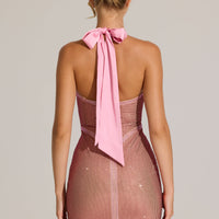 « Pétale Lumineux » — Robe Courte Dos-Nu Ornée, Rose Poudré