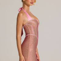« Pétale Lumineux » — Robe Courte Dos-Nu Ornée, Rose Poudré