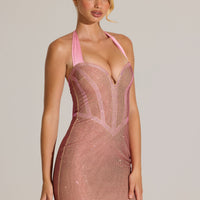 « Pétale Lumineux » — Robe Courte Dos-Nu Ornée, Rose Poudré