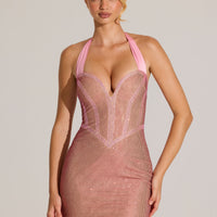 « Pétale Lumineux » — Robe Courte Dos-Nu Ornée, Rose Poudré