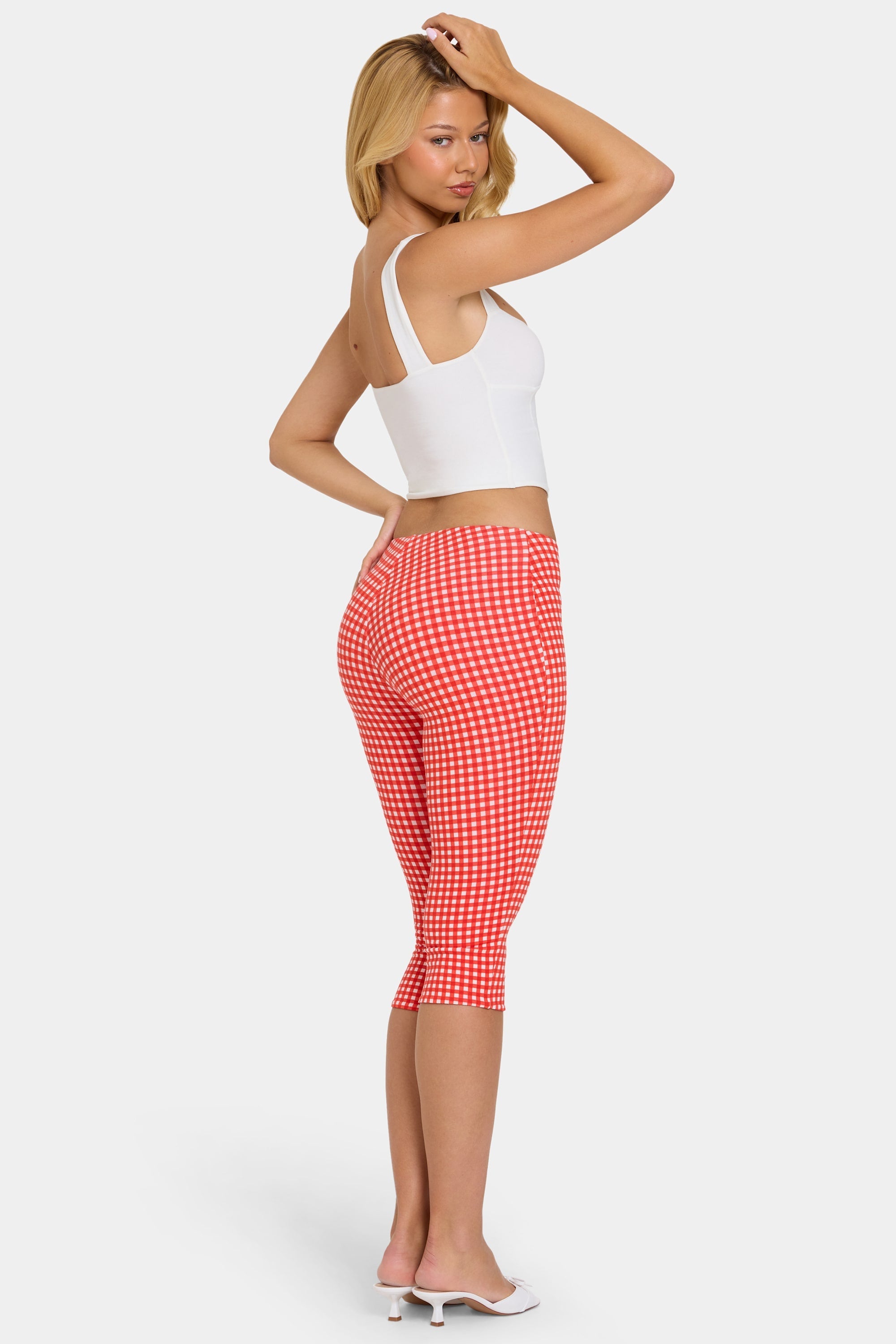 « Balade » — Pantalon Capri Taille Basse, Rouge Vichy — jiblia.store