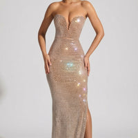 « Lucile » — Robe Longue Bustier Corset Ornée, Amande