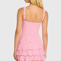 « Frisson » — Robe Mini Volantée Dentelle Pailletée, Blush
