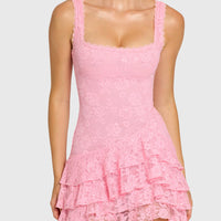« Frisson » — Robe Mini Volantée Dentelle Pailletée, Blush
