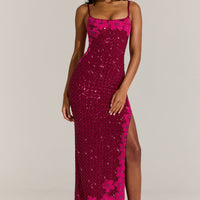 « Constellation » — Robe Longue Col Carré Brodée, Grenat