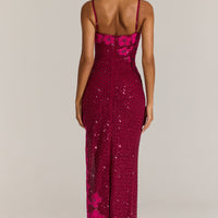 « Constellation » — Robe Longue Col Carré Brodée, Grenat