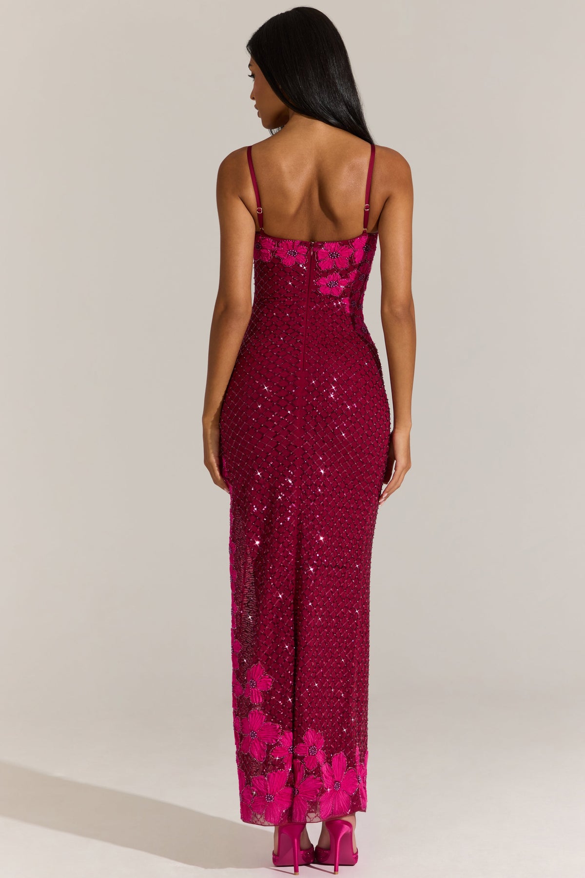 « Constellation » — Robe Longue Col Carré Brodée, Grenat