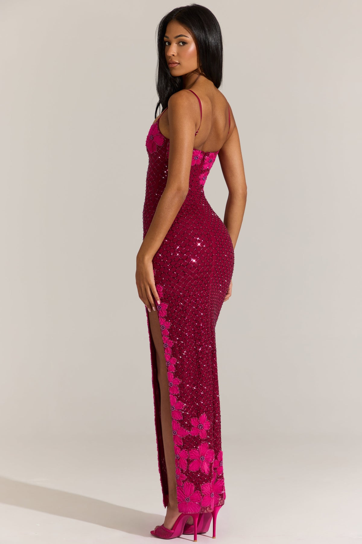 « Constellation » — Robe Longue Col Carré Brodée, Grenat