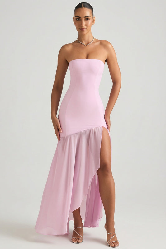 « Harmonie » — Robe Longue Bustier Asymétrique Sirène, Rose Tendre