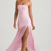« Harmonie » — Robe Longue Bustier Asymétrique Sirène, Rose Tendre